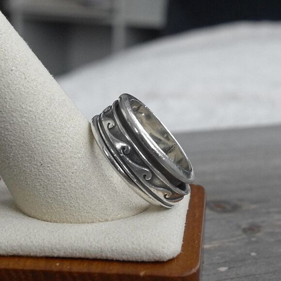 Sterling Silver Wave Spinner Ring sz 7 Solid 10.33g Chunky Stamped 925 Vintage - Picture 1 of 12